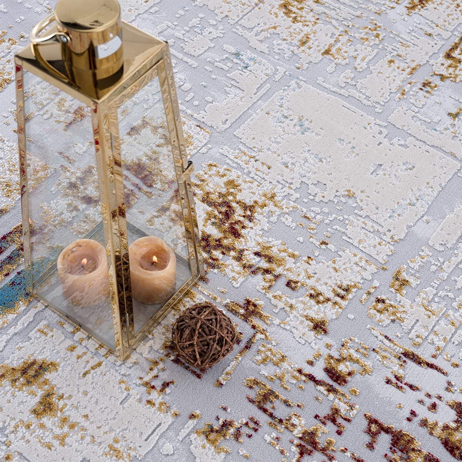 Beige & Gold Abstract Pattern Modern Floor Mat Decorative Area Rug, 8 x 11 Feet