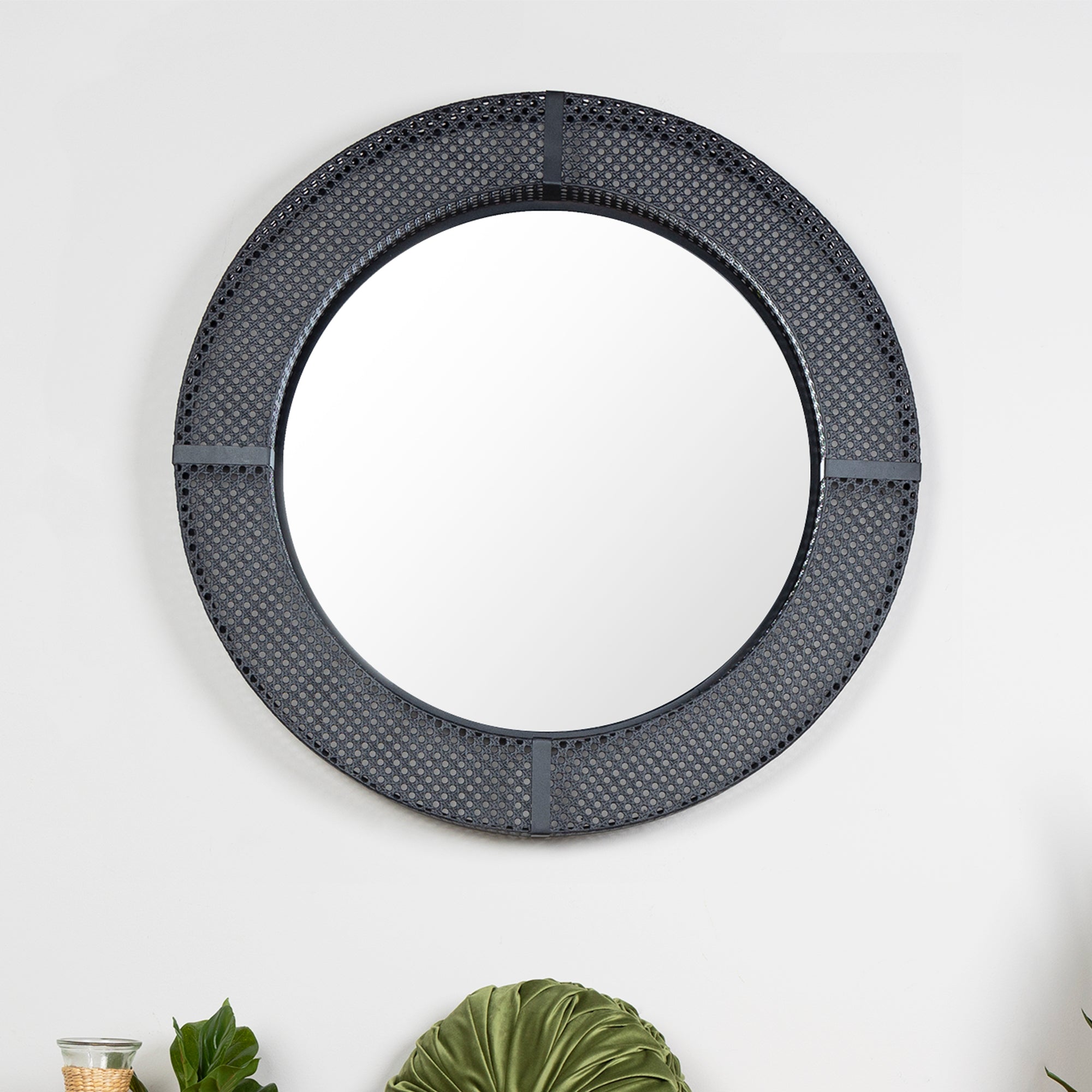 Black Metal Cane Webbing Round Decorative Wall Mirror
