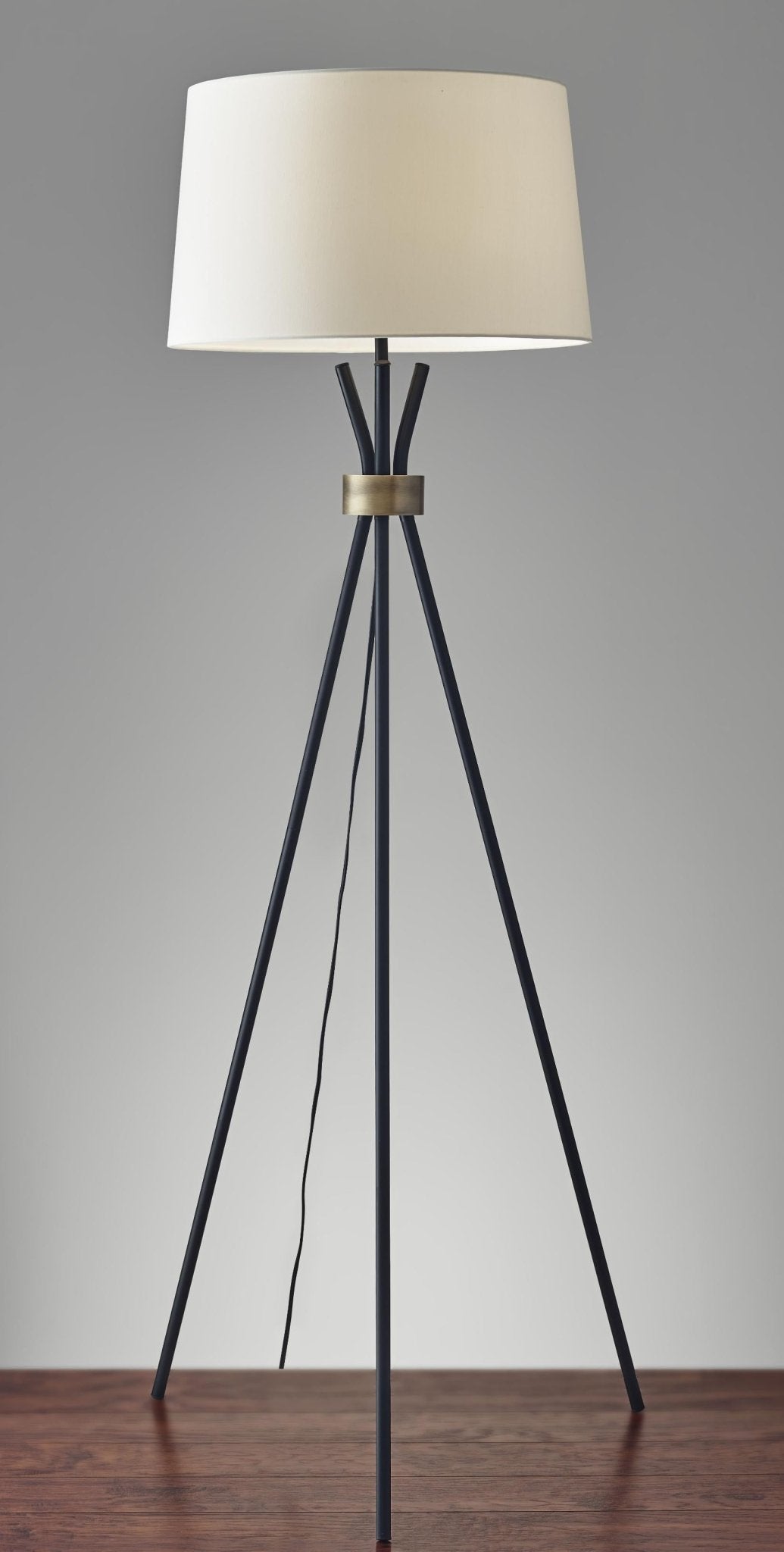 Black Metal Tripod Leg Mid-Century Home Light Standing Floor Lamp with Antique Brass Accent
