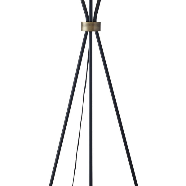 Black Metal Tripod Leg Mid-Century Home Light Standing Floor Lamp with Antique Brass Accent