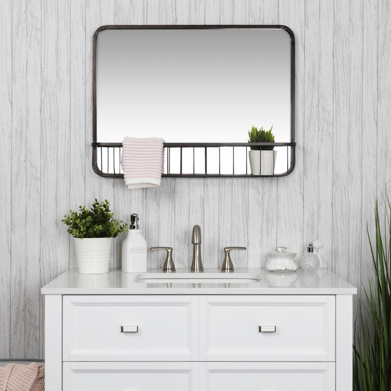 Black Modern Farmhouse Metal Accent Wall Mirror with Basket