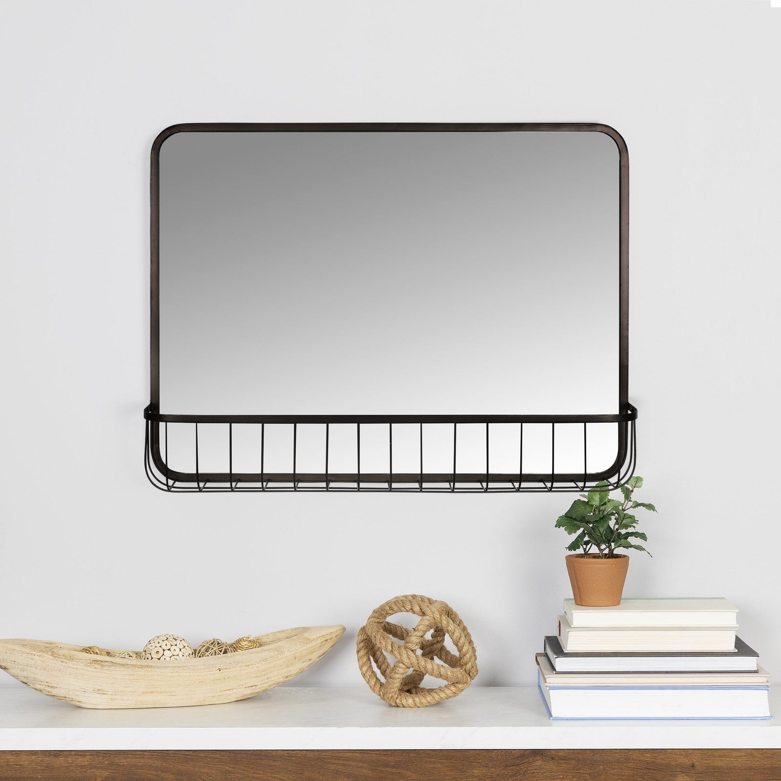 Black Modern Farmhouse Metal Accent Wall Mirror with Basket
