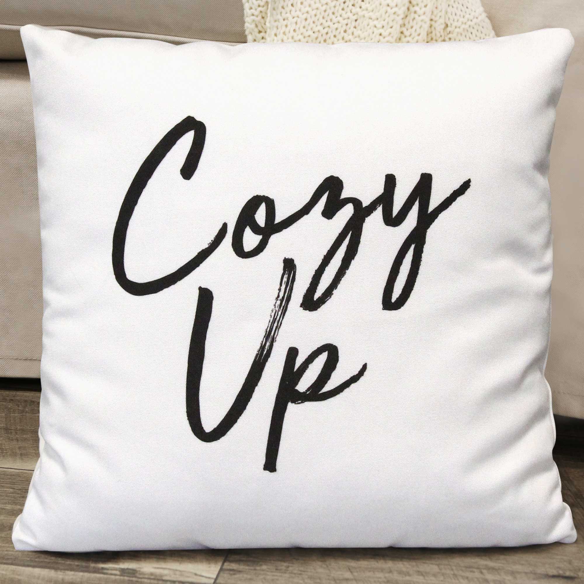 Black on White Cozy Up Sentiment Pillow
