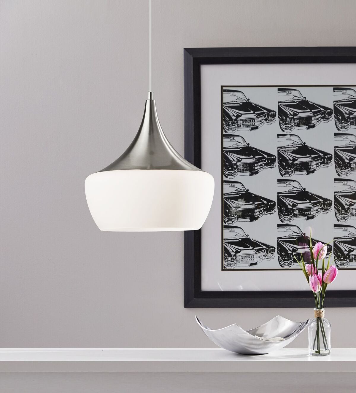 Brushed Steel Gnome Alabaster Glass Modern Hanging Light Pendant Lamp