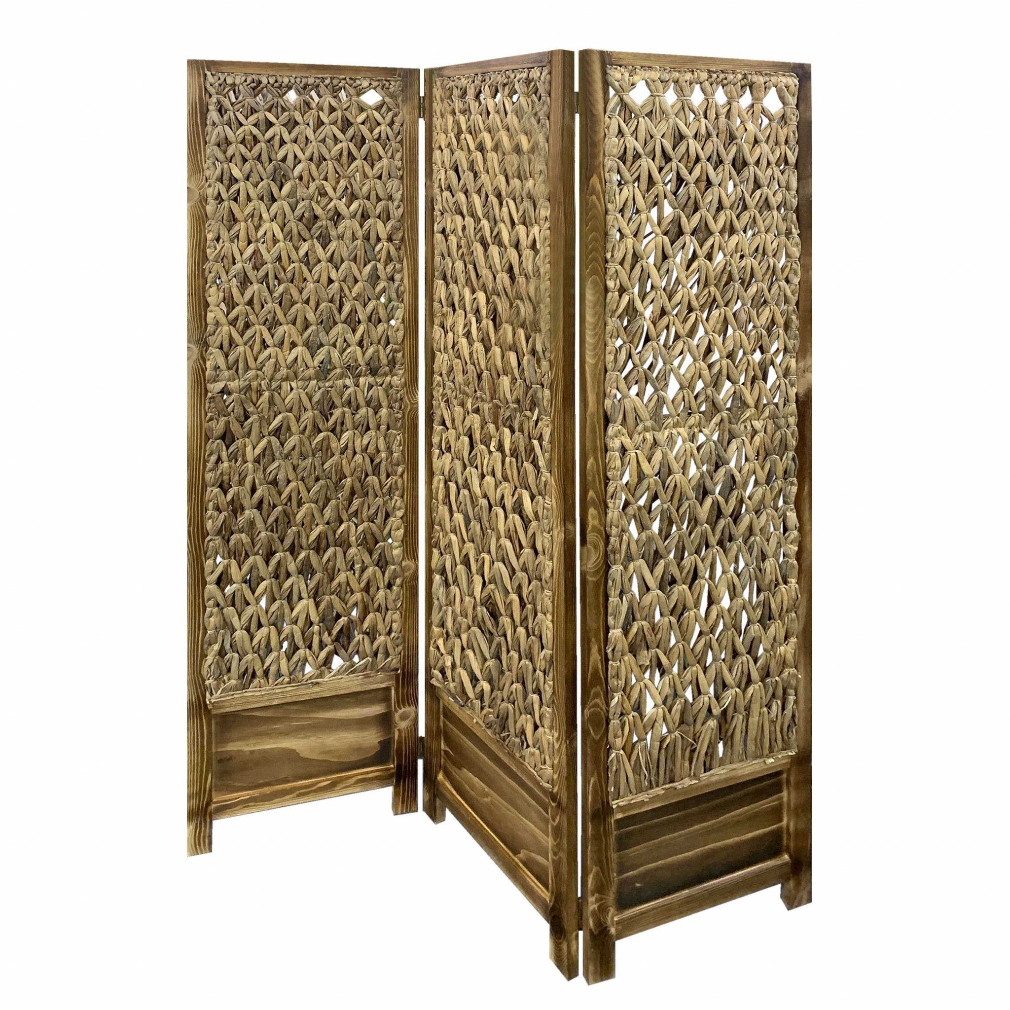 Casual Wood & Seagrass 3 Panel Privacy Screen Room Divider