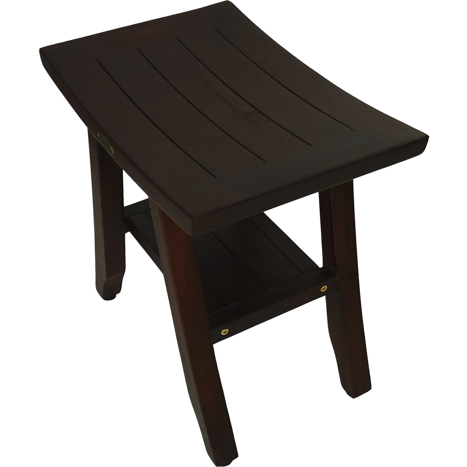Compact Curvilinear Teak Shower or Outdoor Bench with Shelf in Brown Finish