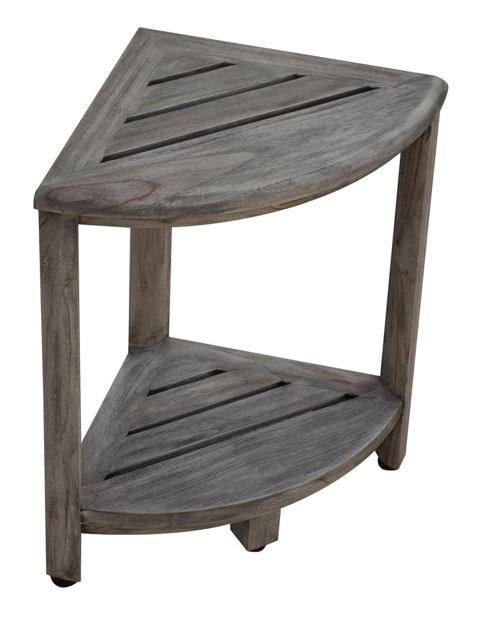 Compact Teak Corner Shower Outdoor Bench in Coquina Finish