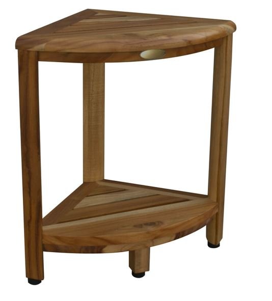 Compact Teak Corner Shower Stool with Shelf in Natural Finish