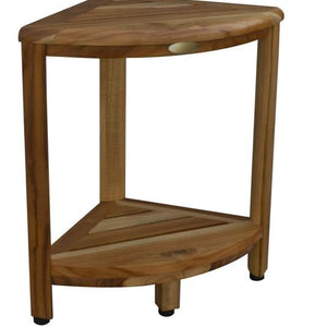 Compact Teak Corner Shower Stool with Shelf in Natural Finish
