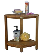 Compact Teak Corner Shower Stool with Shelf in Natural Finish