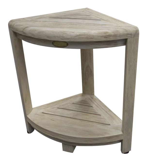 Compact Teak Corner Shower Stool with Shelf in Whitewash Driftwood