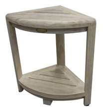 Compact Teak Corner Shower Stool with Shelf in Whitewash Driftwood