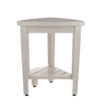 Compact Teak Corner Shower Stool with Shelf in Whitewash Finish