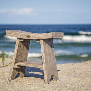 Contemporary Teak Shower or Bench with Shelf in Gray Finish