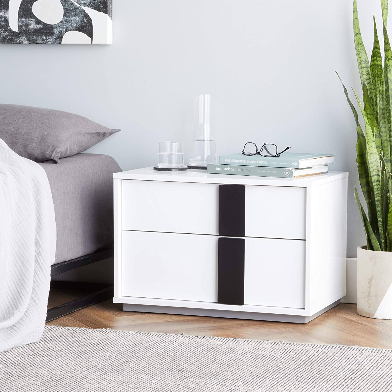 Contemporary White and Black 2 Drawer Nightstand