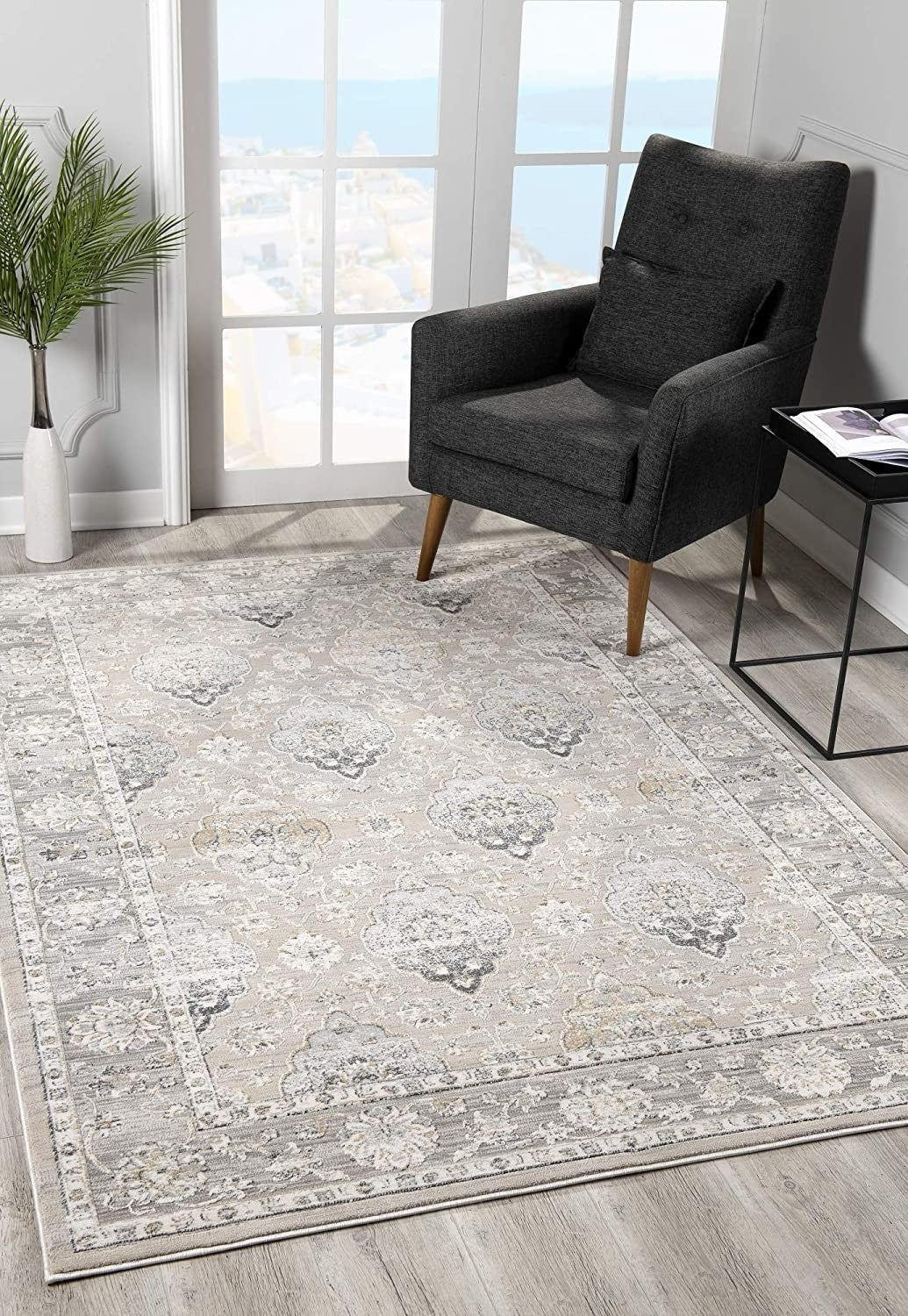 Cream & Gray Rich Traditional Modern Floor Mat Decorative Area Rug, 8 x 11 Feet