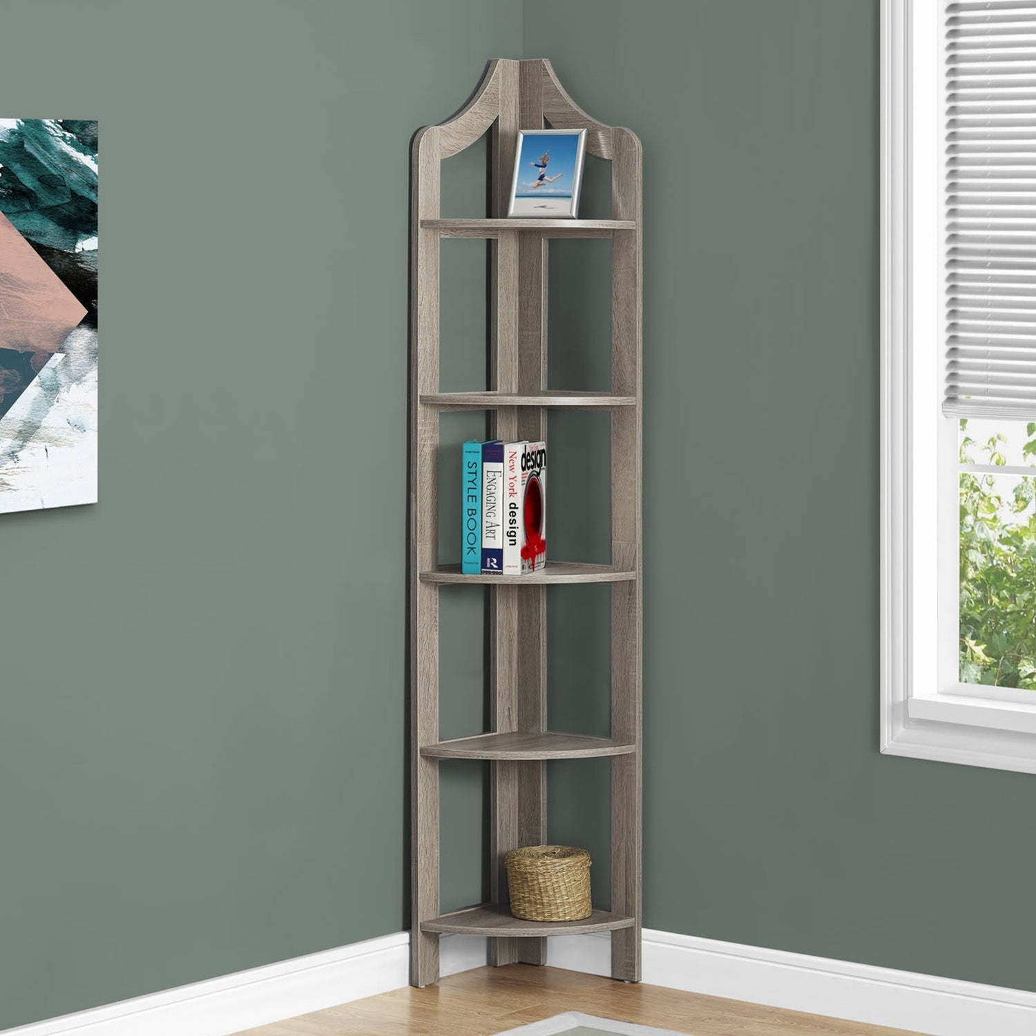 Dark Taupe Corner Accent Shelf Bookcase