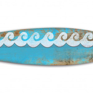 Distressed and Rustic Aqua Waves Surfboard Wood Panel Wall Art