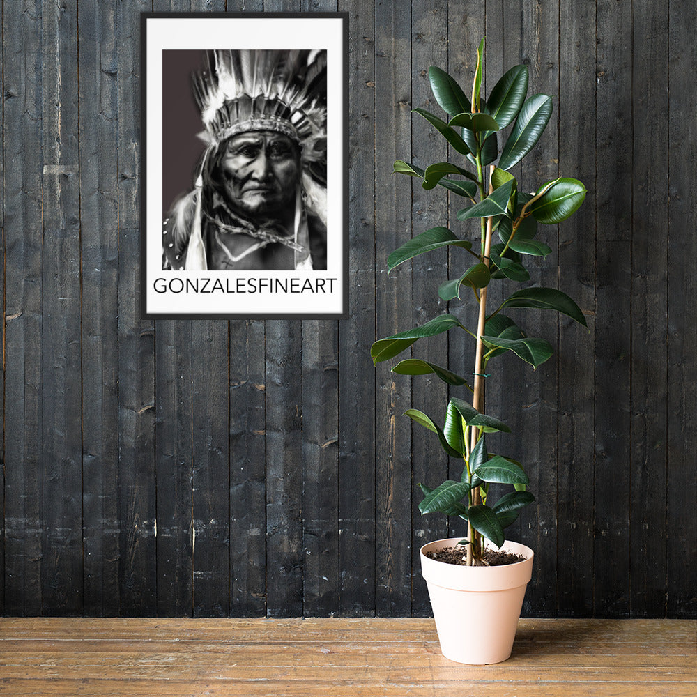 Geronimo War Bonnet Black and White Framed poster