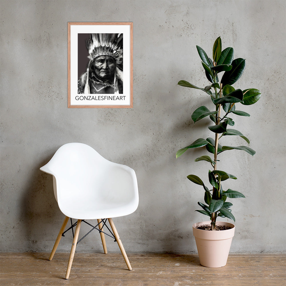 Geronimo War Bonnet Black and White Framed poster