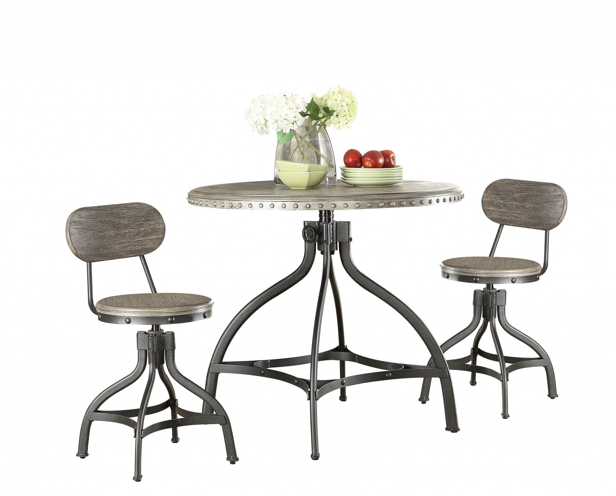 Gray Oak Adjustable Counter Height Home Furniture Table And Chairs Dining Set, 3 Pcs