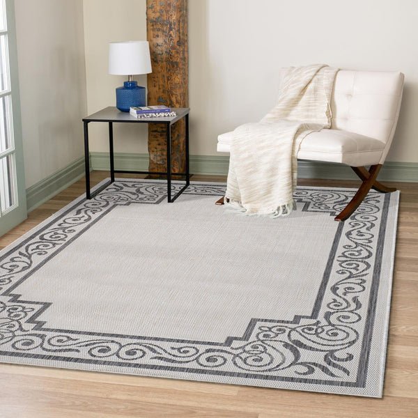 Gray Ornate Border Indoor Outdoor Traditional Touch Modern Floor Mat Decorative Area Rug, 5 x 7 Feet