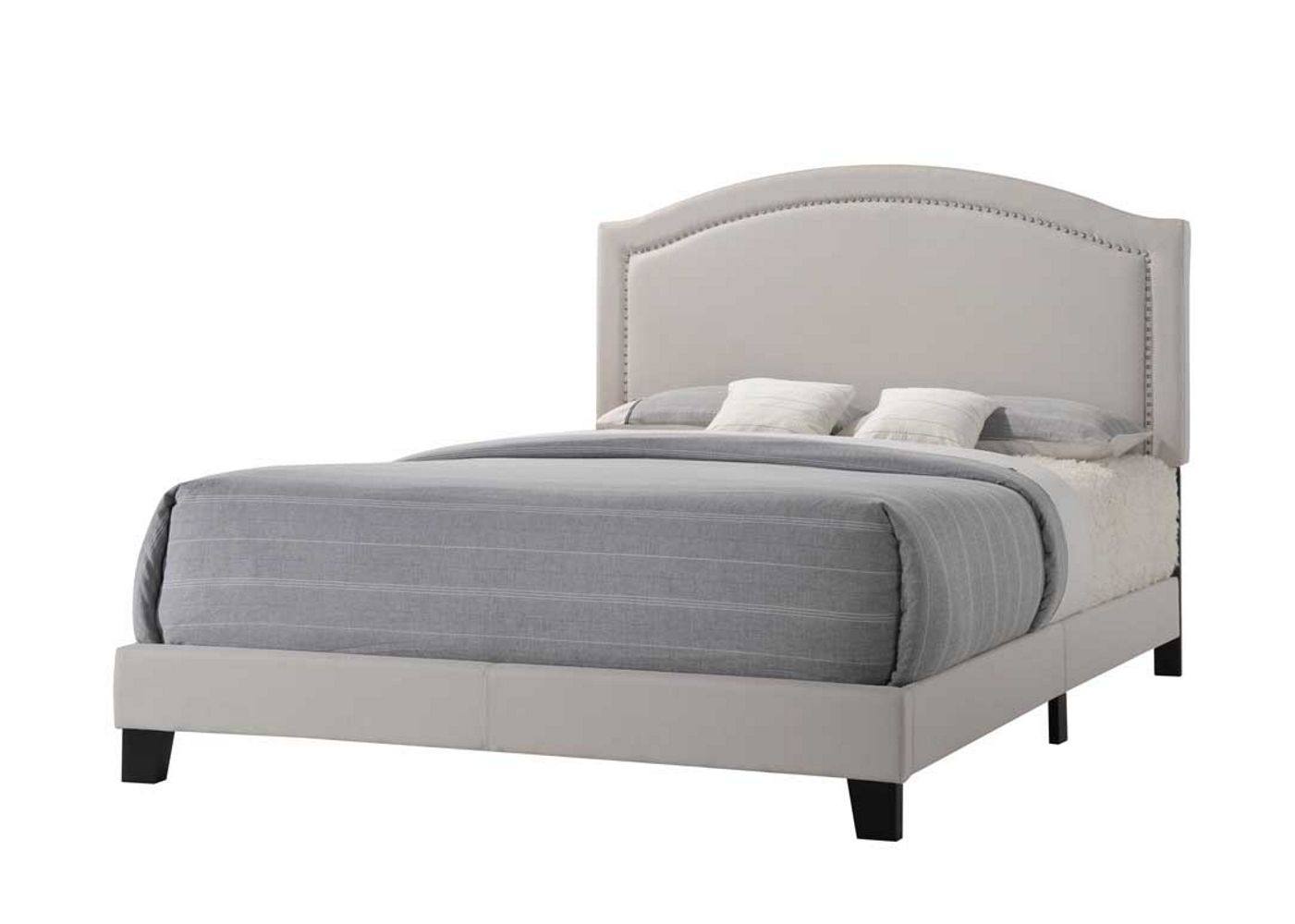 Gray Queen Size Upholstered Nailhead Trim Platform Bed with Dark Wood Finish Legs