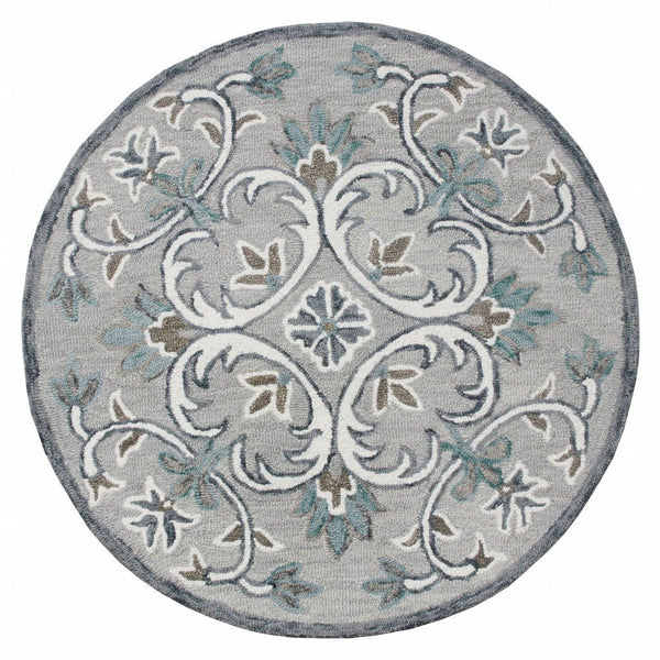 Gray & White Filigree Modern Floor Mat Decorative Round Area Rug 4 Feet