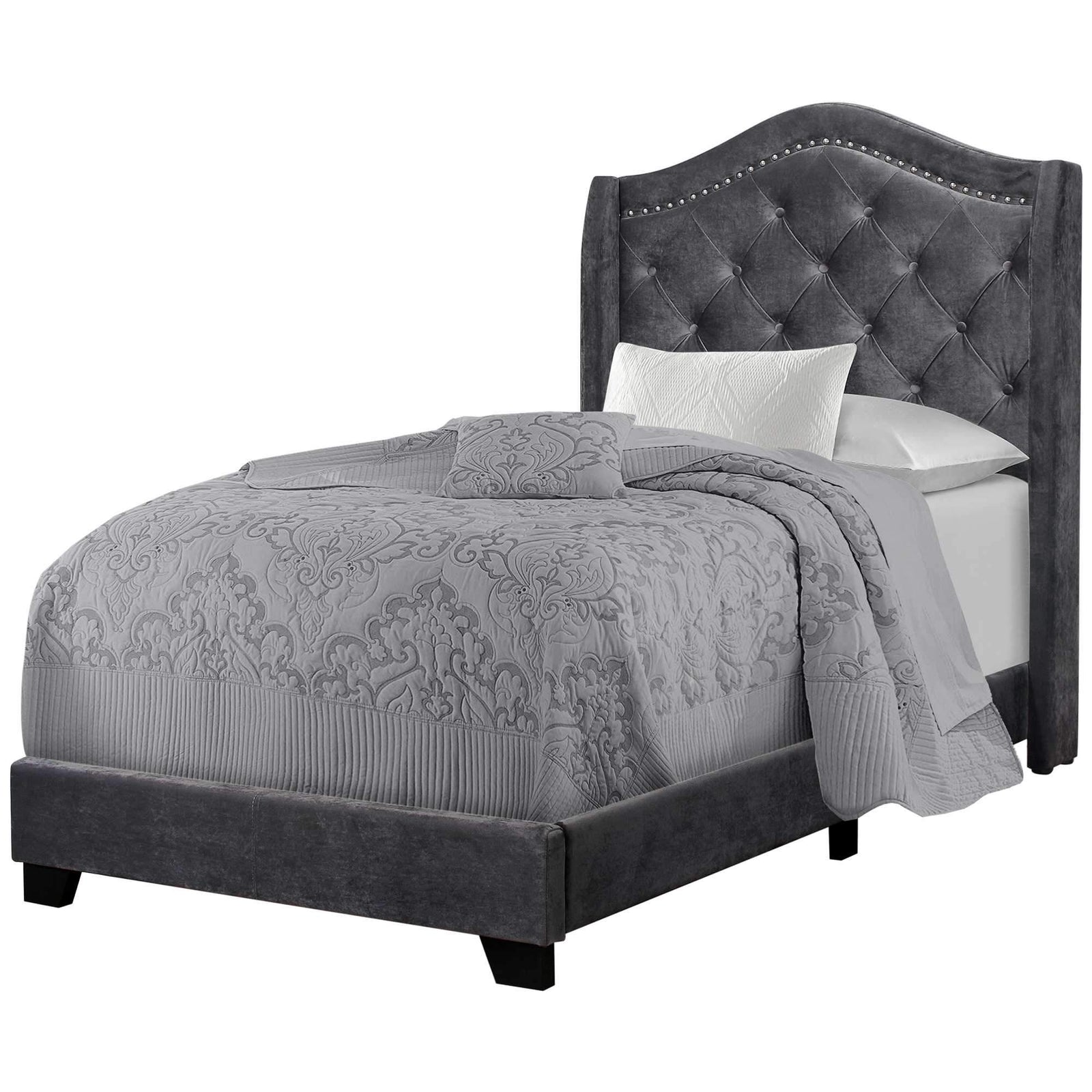 Grey Foam Solid Wood Velvet Twin Size Bed With A Chrome Trim