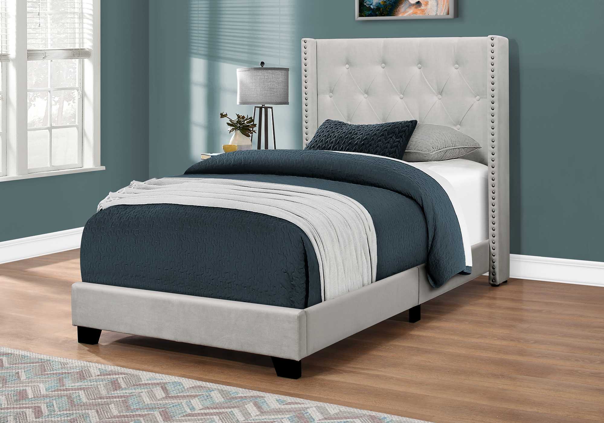Grey Velvet Twin Bed With Chrome Trim
