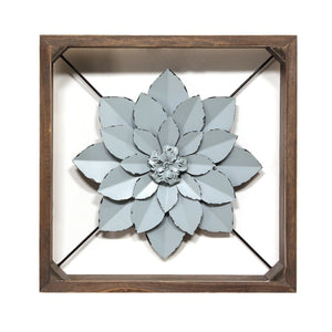 Pale Blue Metal Flower in Walnut Finish Frame