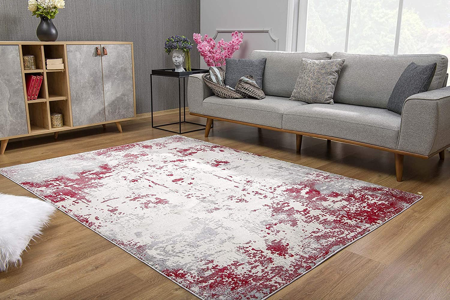 Red & Gray Modern Abstract Floor Mat Decorative Area Rug, 5 x 8 Feet