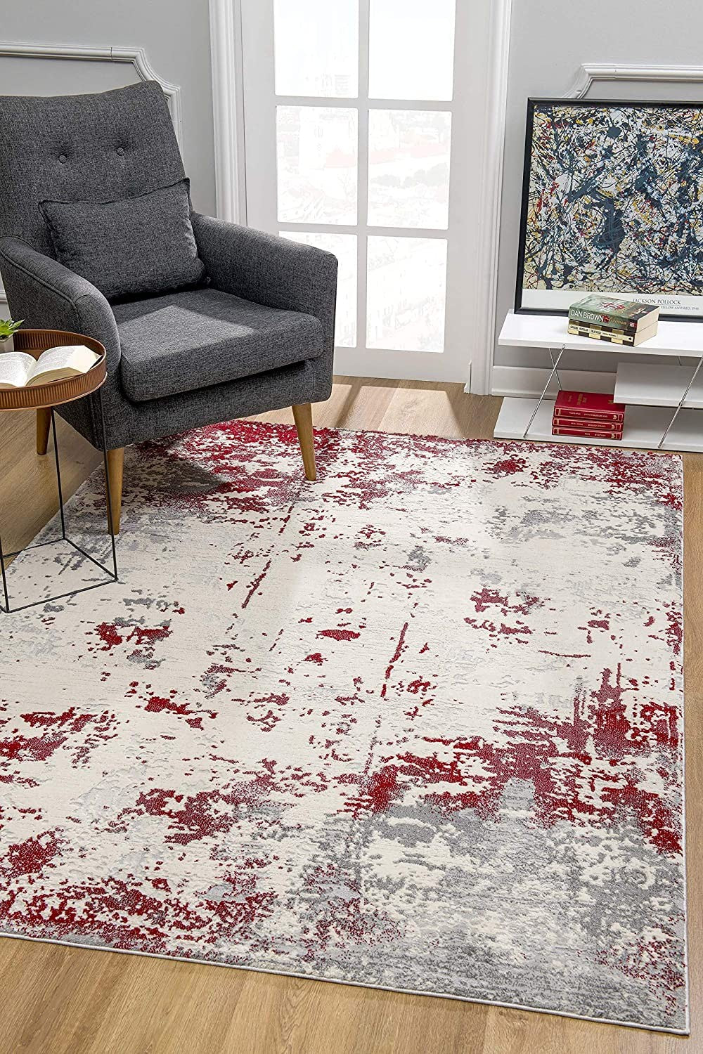 Red & Gray Modern Abstract Floor Mat Decorative Area Rug, 5 x 8 Feet