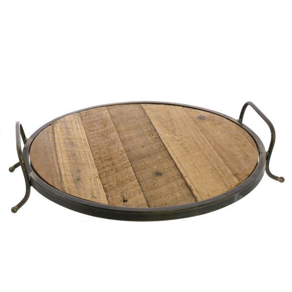 Round Wooden Serving Tray with Metal Edges