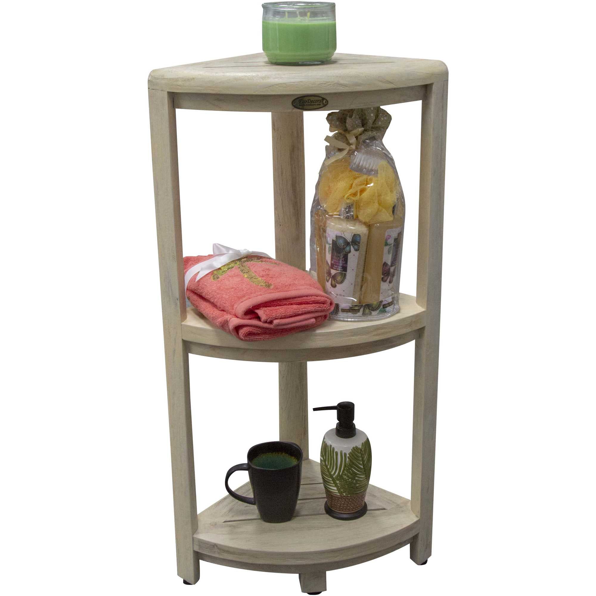 Teak Three Tier Corner Shower Shelf in White Finish