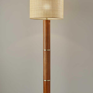 Walnut Wood Finish Floor Lamp Cylindrical Base with Antique Brass Accents and Woven Rattan Shade