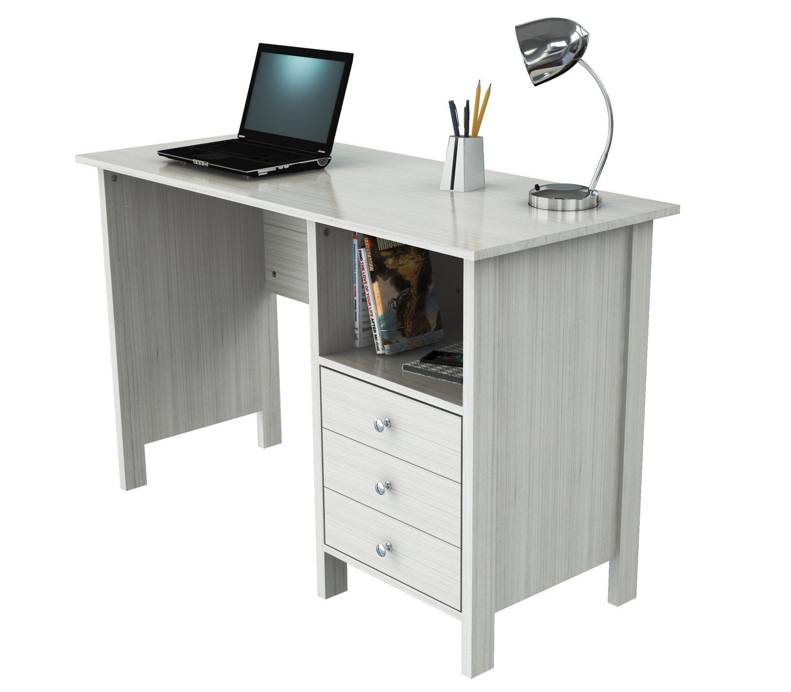 White Finish Wood Computer Desk with Three Drawers
