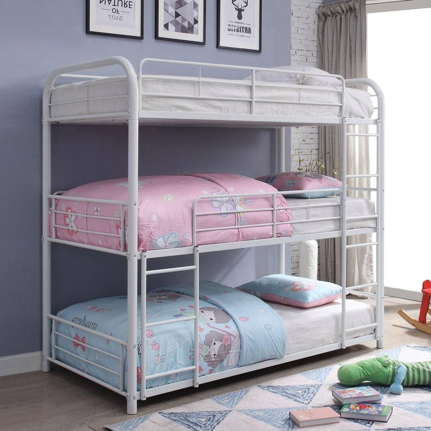 White Metal Triple Twin Size Bunk Bed